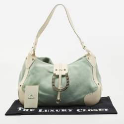 Pre Owned Aigner Green/White Leather and Suede Logo Buckle Shoulder Bag