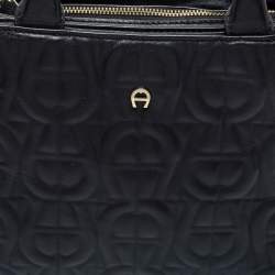Aigner Black Embossed Leather Zip Satchel