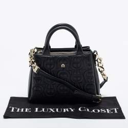 Aigner Black Embossed Leather Zip Satchel