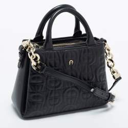 Aigner Black Embossed Leather Zip Satchel