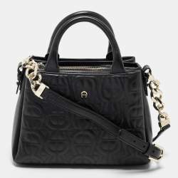 Aigner Black Embossed Leather Zip Satchel