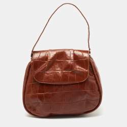 Pre Owned Aigner Brown Croc Embossed Leather Shoulder Bag