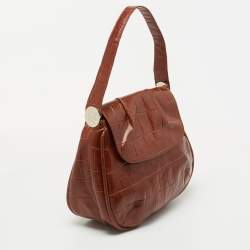 Pre Owned Aigner Brown Croc Embossed Leather Shoulder Bag