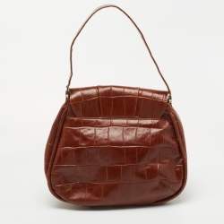 Pre Owned Aigner Brown Croc Embossed Leather Shoulder Bag