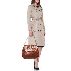 Pre Owned Aigner Brown Croc Embossed Leather Shoulder Bag