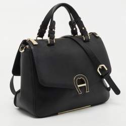 Pre Owned Aigner Black Leather Zip Satchel
