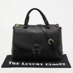 Pre Owned Aigner Black Leather Zip Satchel
