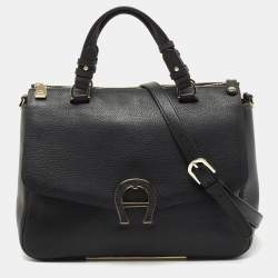 Pre Owned Aigner Black Leather Zip Satchel