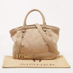 Pre Owned Aigner Beige Grained Leather Logo Buckle Satchel