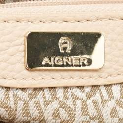 Pre Owned Aigner Beige Grained Leather Logo Buckle Satchel