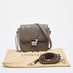 Aigner Grey Leather Studded Flap Shoulder Bag