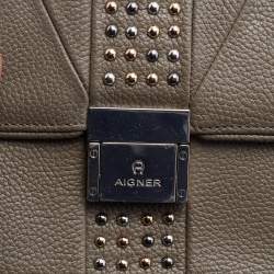 Aigner Grey Leather Studded Flap Shoulder Bag