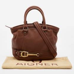 Pre Owned Aigner Brown Leather Logo Detail Satchel