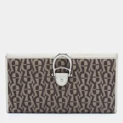 Aigner Off White/Brown Leather and Signature Canvas Continental Wallet