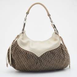 Aigner Off White/Brown Leather and Signature Canvas Shoulder Bag