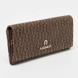 Pre Owned Aigner Beige Signature Coated Canvas Logo Flap Continental Wallet