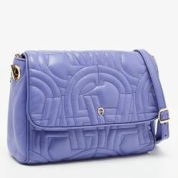 Pre Owned Aigner Purple Embossed Leather Flap Shoulder Bag