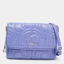 Pre Owned Aigner Purple Embossed Leather Flap Shoulder Bag