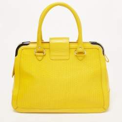 Pre Owned Aigner Yellow Woven Embossed Leather Flap Frame Satchel