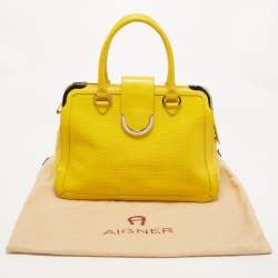 Pre Owned Aigner Yellow Woven Embossed Leather Flap Frame Satchel