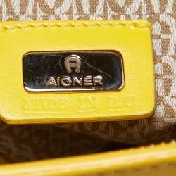 Pre Owned Aigner Yellow Woven Embossed Leather Flap Frame Satchel