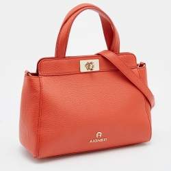Pre Owned Aigner Orange Leather Satchel