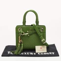 Pre Owned Aigner Green Logo Embossed Leather Cavallina Tote