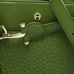 Pre Owned Aigner Green Logo Embossed Leather Cavallina Tote