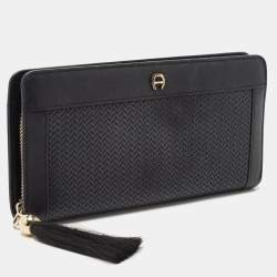 Aigner Black Woven Leather Cavallina Zip Around Continental Wallet