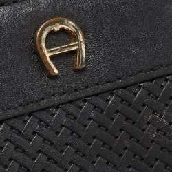 Aigner Black Woven Leather Cavallina Zip Around Continental Wallet