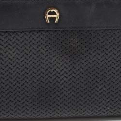 Aigner Black Woven Leather Cavallina Zip Around Continental Wallet