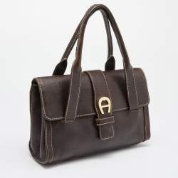 Pre Owned Aigner Brown Leather Flap Satchel