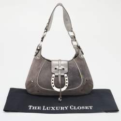 Pre Owned Aigner Grey Studded Suede and Leather Hobo