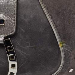 Pre Owned Aigner Grey Studded Suede and Leather Hobo