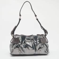 Pre Owned Aigner Metallic Grey Shimmering Patent and Leather Baguette Bag