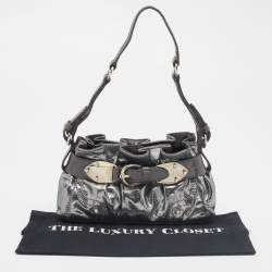 Pre Owned Aigner Metallic Grey Shimmering Patent and Leather Baguette Bag