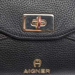 Pre Owned Aigner Black Grained Leather Turnlock Flap Crossbody Bag