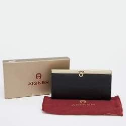 Pre Owned Aigner Black Leather Metal Frame Continental Wallet