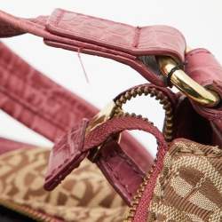 Aigner Beige/Pink Signature Canvas and Croc Embossed Leather Hobo