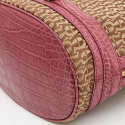 Aigner Beige/Pink Signature Canvas and Croc Embossed Leather Hobo