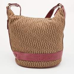 Aigner Beige/Pink Signature Canvas and Croc Embossed Leather Hobo