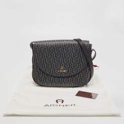 Pre Owned Aigner Black/Grey Signature Coated Canvas and Leather Flap Crossbody Bag 