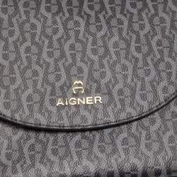Pre Owned Aigner Black/Grey Signature Coated Canvas and Leather Flap Crossbody Bag 
