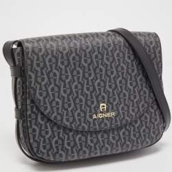 Pre Owned Aigner Black/Grey Signature Coated Canvas and Leather Flap Crossbody Bag 