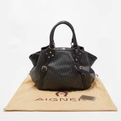 Pre Owned Aigner Black/Dark Grey Signature Coated Canvas and Leather Tote