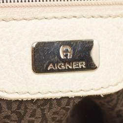 Aigner Off White/Brown Monogram Canvas and Leather Logo Handle Satchel