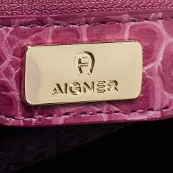 Pre Owned Aigner Pink Croc Embossed Leather Double Zipped Satchel