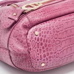 Pre Owned Aigner Pink Croc Embossed Leather Double Zipped Satchel