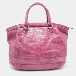 Pre Owned Aigner Pink Croc Embossed Leather Double Zipped Satchel