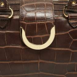 Pre Owned Aigner Brown Croc Embossed Leather Metal Bar Flap Tote